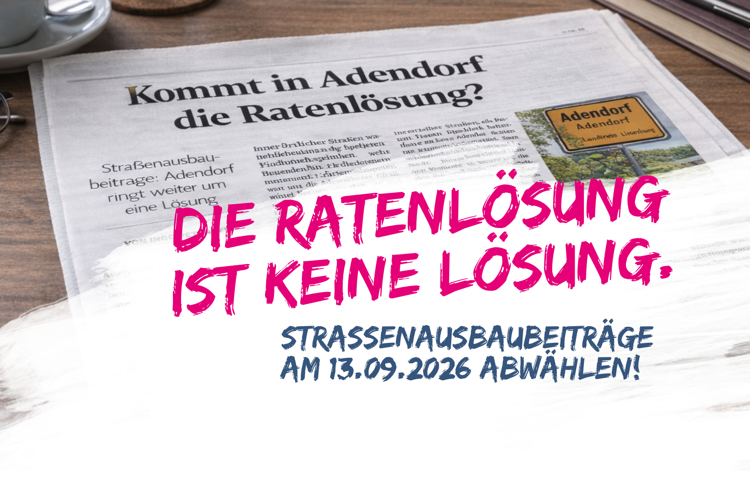 Die Ratenlösung ist keine Lösung. Straßenausbaubeiträge abwählen am 13.09.2026. Zeitungsartikel mit der Überschrift: "Kommt in Adendorf die Ratenlösung?" im Hintergrund