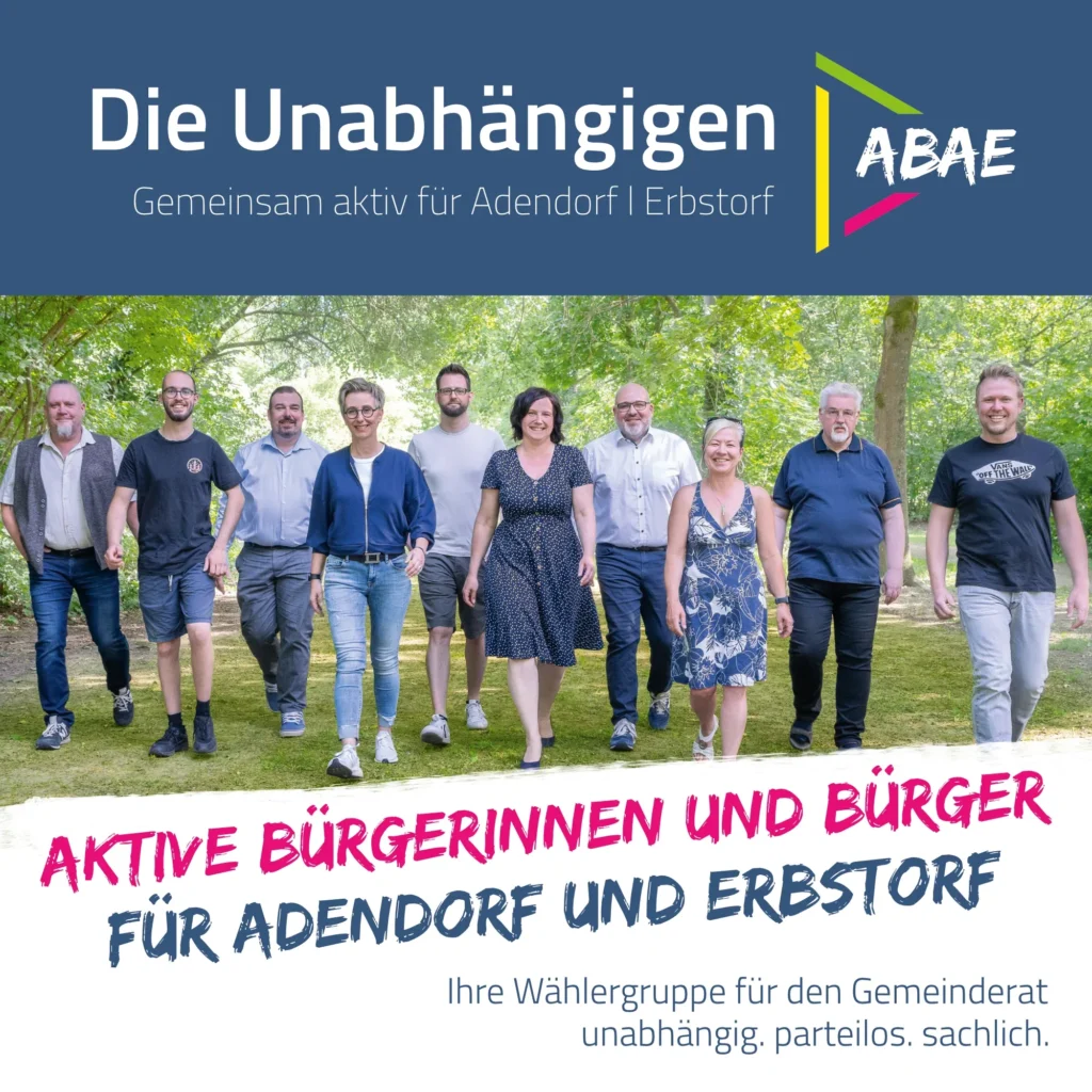 Titelseite des Flyers: die Kandidierenden der Wählergruppe nebeneinander auf einem Waldweg, darüber „Die Unabhängigen | ABAE“, darunter „Aktive Bürgerinnen und Bürger für Adendorf und Erbstorf“
