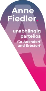Beachflag in Blau-Magenta mit dem Schriftzug „Anne Fiedler. unabhängig, parteilos, für Adendorf und Erbstorf.“